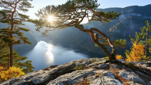 Autumn Desktop Wallpaper 4K, Stunning view of a mountain landscape during autumn.
