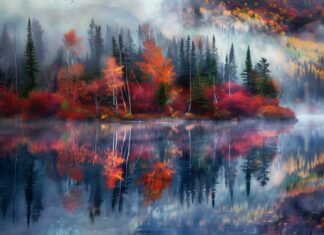 Autumn Desktop Wallpaper, Autumn lake reflecting the colorful foliage of surrounding trees, calm and clear water, mist rising in the morning light, aesthetic landscape.