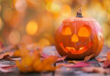 Orange pumpkin with a carved smiling face for Halloween decoration, glowing with inner light against an autumnal background.