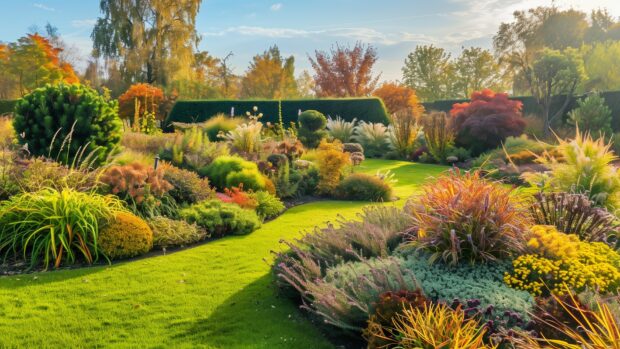 Autumn desktop wallpaper with vibrant autumn foliage in a beautiful garden.