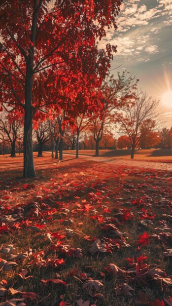 Autumn field with red maple trees, scattered leaves, golden sunlight casting long shadows, Fall wallpaper iPhone.