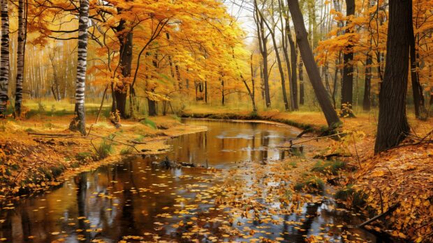 Autumn forest 3K wallpaper with a tranquil stream.