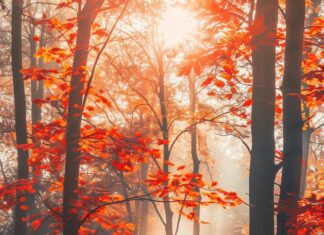 Autumn forest with vibrant red, orange, and yellow leaves, sunlight filtering through the trees, Fall wallpaper iPhone.