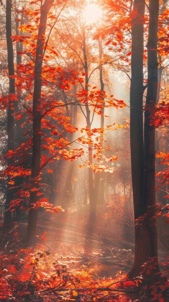 Autumn forest with vibrant red, orange, and yellow leaves, sunlight filtering through the trees, Fall wallpaper iPhone.