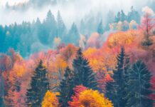 Vibrant fall foliage reflected on a calm lake with colorful autumn trees and misty forest backdrop.