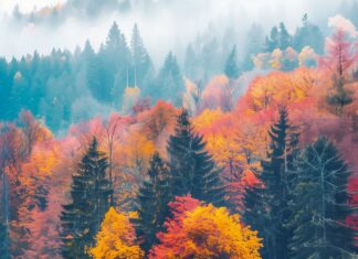 Autumn lake reflecting the colorful foliage of surrounding trees, calm and clear water, mist rising in the morning light aesthetic landscape.