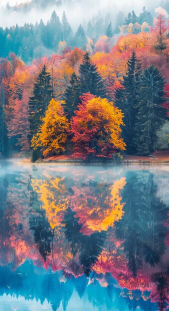 Autumn lake reflecting the colorful foliage of surrounding trees, calm and clear water, mist rising in the morning light aesthetic landscape.