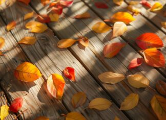Autumn leaves HD desktop wallpaper with Fall leaves scattered on a wooden surface.