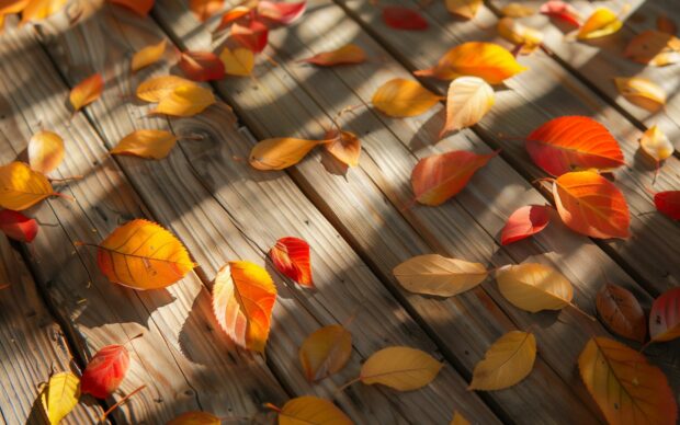 Autumn leaves HD desktop wallpaper with Fall leaves scattered on a wooden surface.