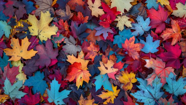 Autumn leaves creating a vibrant carpet on the forest floor.