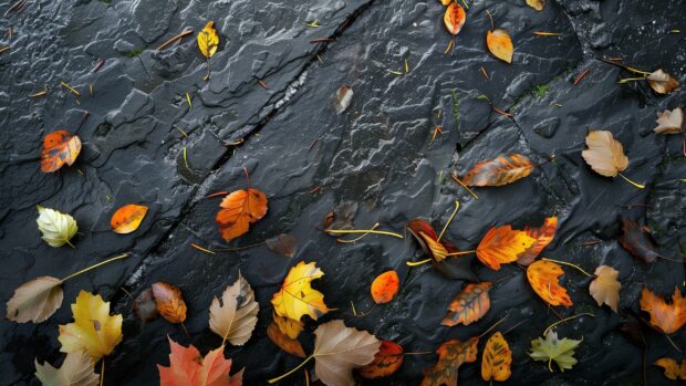 Autumn leaves scattered on a flat surface.