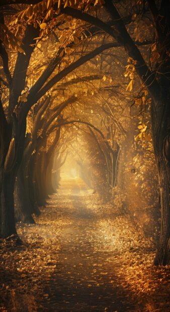 Autumn pathway covered in golden leaves, trees arching overhead, soft light creating a warm glow, peaceful and nostalgic, aesthetic photography.