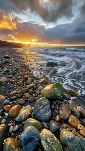 Beach at sunrise with pastel colors reflecting on calm waters.