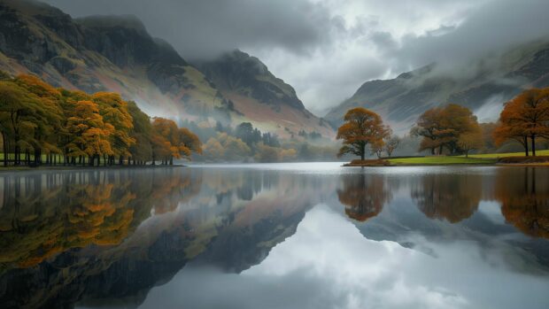 Bing Daily 4K background with A scenic view of a lake with perfect fall foliage reflected in the water.