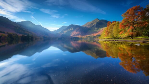 Bing HD Wallpaper, serene mountain lake with vibrant autumn foliage and calm water.