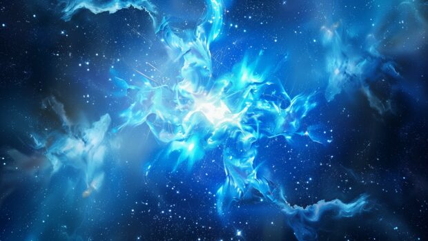 Blue Space 2K desktop background with a detailed depiction of a blue supergiant star, radiating intense light and surrounded by distant galaxies.