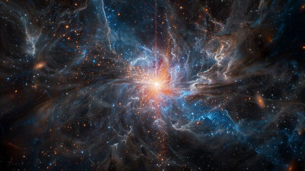 Blue Space Desktop Background with a detailed depiction of a blue supergiant star, radiating intense light and surrounded by distant galaxies.