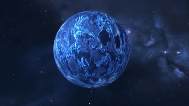 Blue Space background with a stunning image of a blue dwarf planet with icy surface features, set against the dark blue expanse of space.