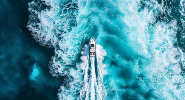 Boat ocean view from above, showing a speedboat cutting through turquoise waves.