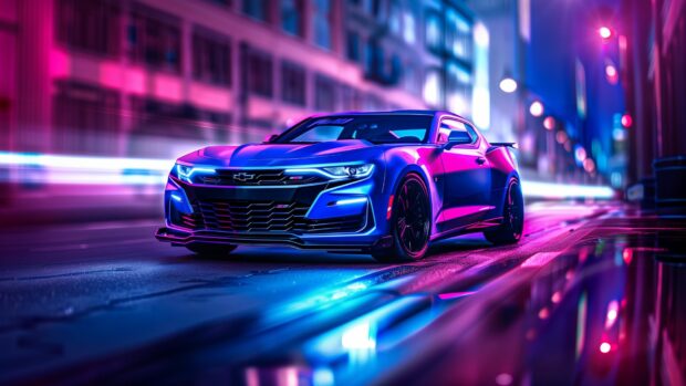 Camaro LT parked on a futuristic city street with neon lights reflecting off its shiny surface.