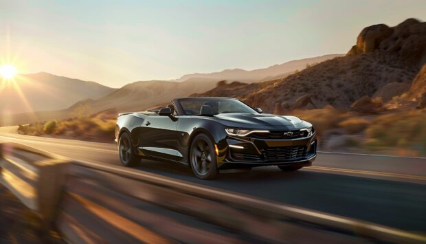Camaro convertible cruising through a scenic mountain pass during sunset.