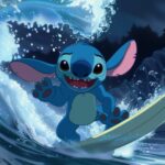 Cartoon depiction of Stitch surfing a giant wave with a look of excitement.