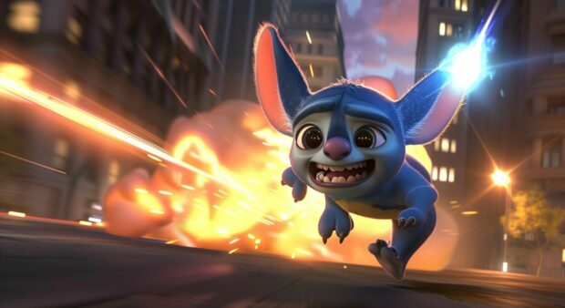 Cartoon style Stitch chasing after a comet with a determined expression.