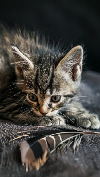 Cat playing with a feather toy.