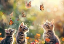 Cat wallpaper 4K for Desktop with playful kittens chasing butterflies in a garden.