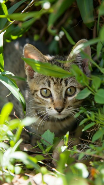 Cat wallpaper with a cat playing in the grass.