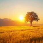 Check our Country Wallpaper with a sunrise over a golden wheat field with a lone tree standing against the morning sky.