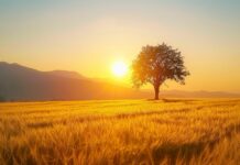 Check our Country Wallpaper with a sunrise over a golden wheat field with a lone tree standing against the morning sky.
