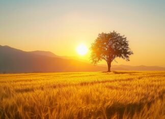 Check our Country Wallpaper with a sunrise over a golden wheat field with a lone tree standing against the morning sky.