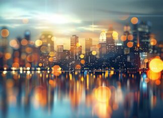 City skyline at night with cool twinkling lights and reflections.