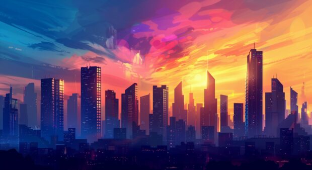 City skyline with skyscrapers silhouetted against the colorful sky, Sunset Wallpaper HD 1080p.