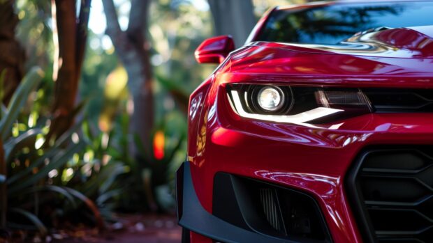 Close up of the aggressive front grille and headlights of a Camaro ZL1.