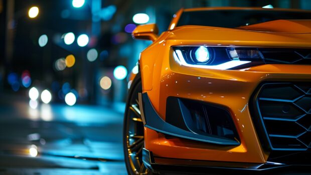 Close up of the aggressive front grille and headlights of a Camaro ZL1, showcasing its powerful design.