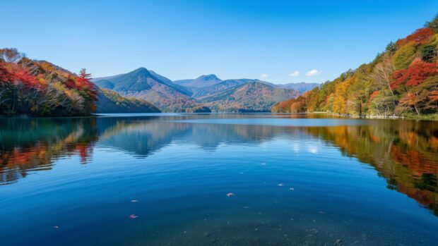 Computer Desktop Wallpaper with a calm lake surrounded by autumn foliage with reflections in the water.