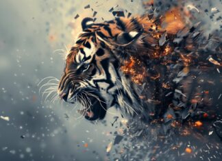 Cool 3D background with a majestic tiger, its head and body made of sharp metal pieces breaking apart in an explosion.