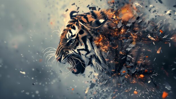 Cool 3D background with a majestic tiger, its head and body made of sharp metal pieces breaking apart in an explosion.