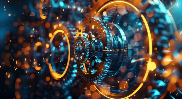 Cool 3D metallic gears and cogs rotating in a synchronized motion.