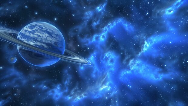 Cool 4K Space wallpaper with a  beautiful image of a blue ringed planet with its moons, set against a deep blue starry background.