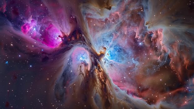 Cool 4K Space wallpaper with a breathtaking nebula with swirling colors of purple, blue, and pink, illuminated by distant stars, creating a stunning cosmic scene.