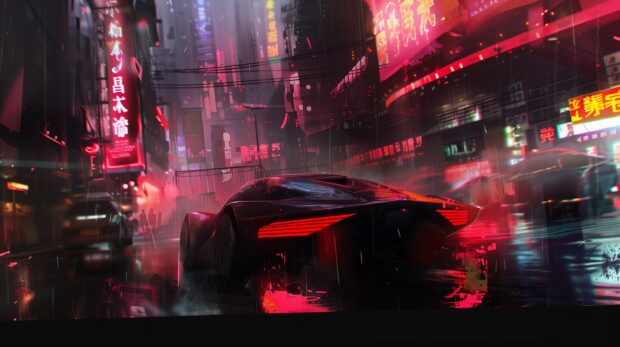Cool Desktop Background with futuristic cityscape at dusk, neon lights illuminating the skyline.