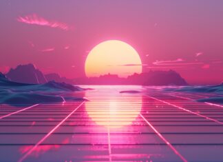 Cool Desktop Background with retro wave aesthetic with neon grids and a sunset horizon.