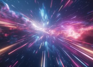Cool Space HD wallpaper with a futuristic spaceship flying through a vivid, colorful nebula with streaks of light and vibrant cosmic clouds.