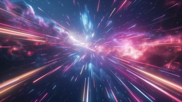 Cool Space HD wallpaper with a futuristic spaceship flying through a vivid, colorful nebula with streaks of light and vibrant cosmic clouds.