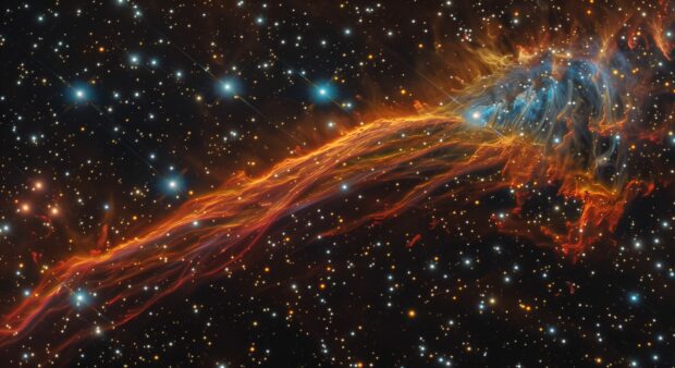 Cool Space HD wallpaper with a vibrant nebula with radiant hues of orange, red, and yellow, set against a star filled backdrop, showcasing the beauty of the universe.