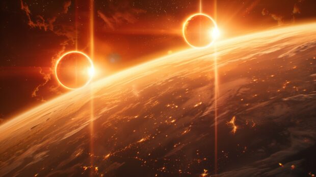 Cool Space background with a mesmerizing view of a binary star system with two suns illuminating a distant planet in outer space.