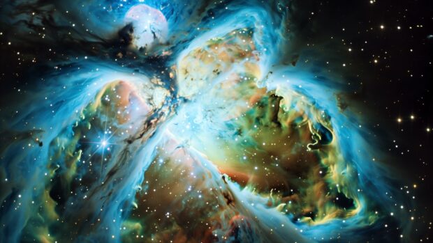 Cool Space desktop background with a high resolution image of the Crab Nebula with intricate details and vibrant colors in the vastness of space.